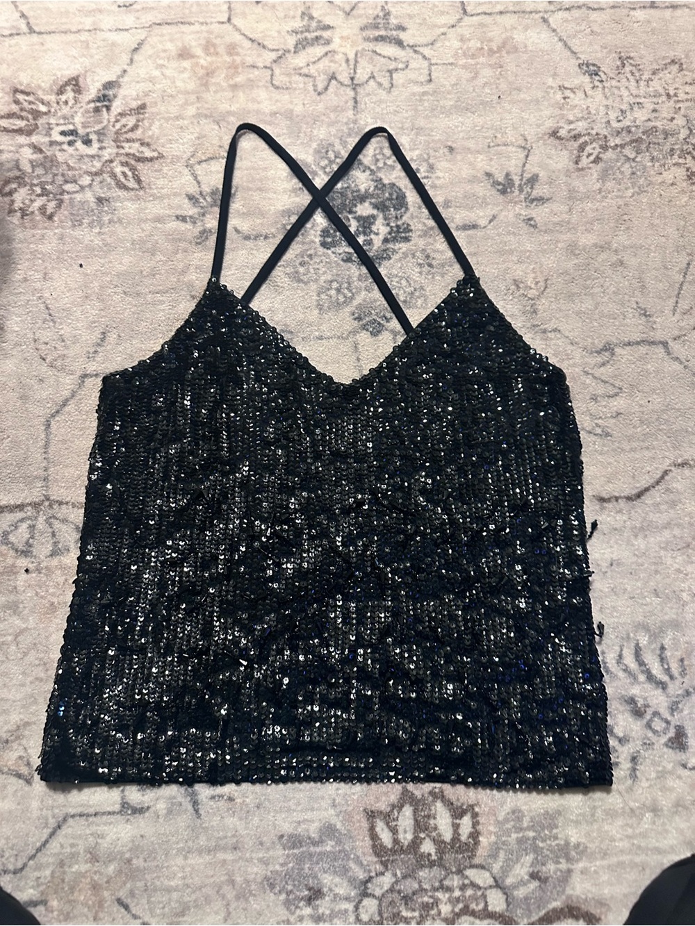 Black Sequin Cross-Back Cami Tank - Women